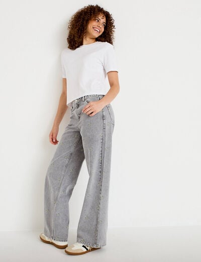 Jean wide leg taille haute brod&eacute; denim gris femme