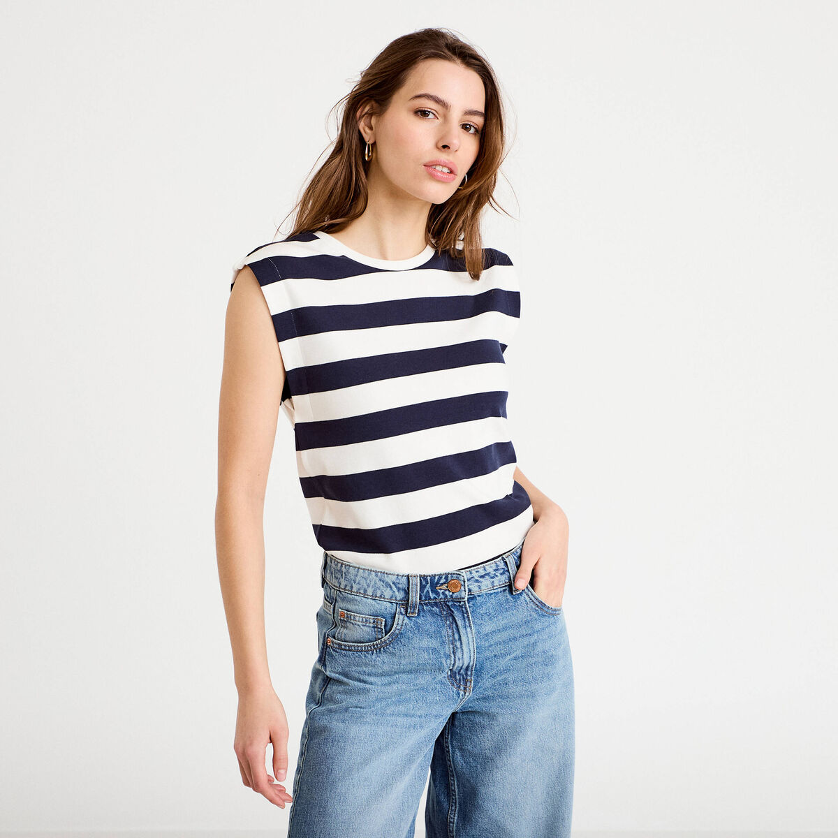 T-shirt col rond sans manches blanc femme