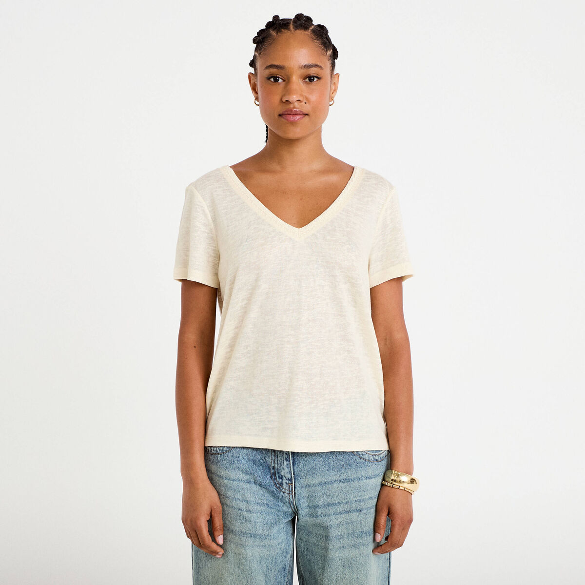 T-shirt col v dentelle manches courtes couleur or femme