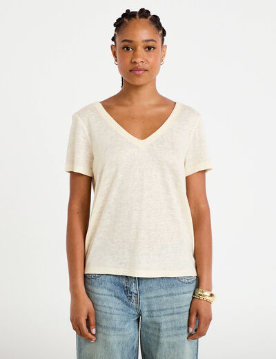 T-shirt col v dentelle manches courtes couleur or femme