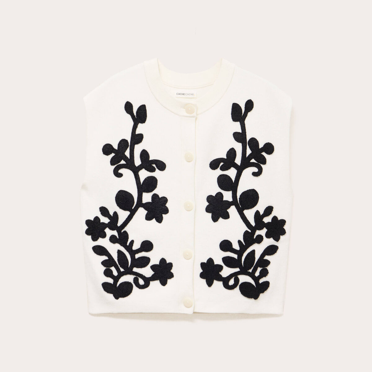 Gilet sans manches brod&eacute; col rond ecru femme