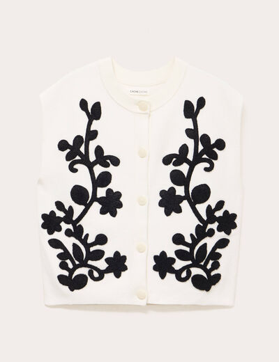 Gilet sans manches brod&eacute; col rond ecru femme