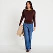T-shirt col bateau manches longues marron fonc&eacute; femme