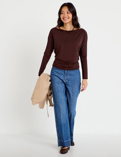 T-shirt col bateau manches longues marron fonc&eacute; femme