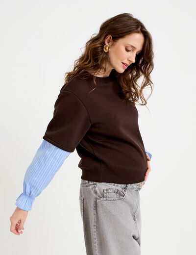 Sweat bi-mati&egrave;re manches longues marron fonc&eacute; femme
