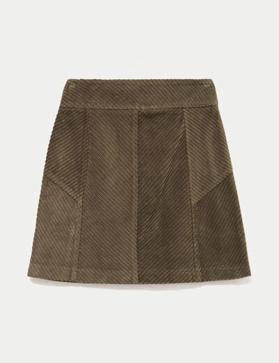 Jupe courte trap&egrave;ze en velours vert kaki femme