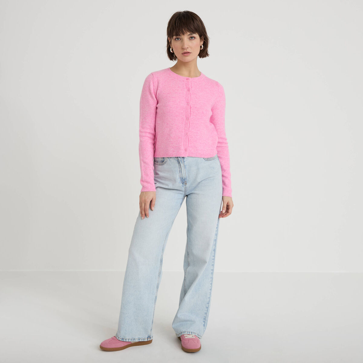 Gilet boutonn&eacute; manches longues rose femme