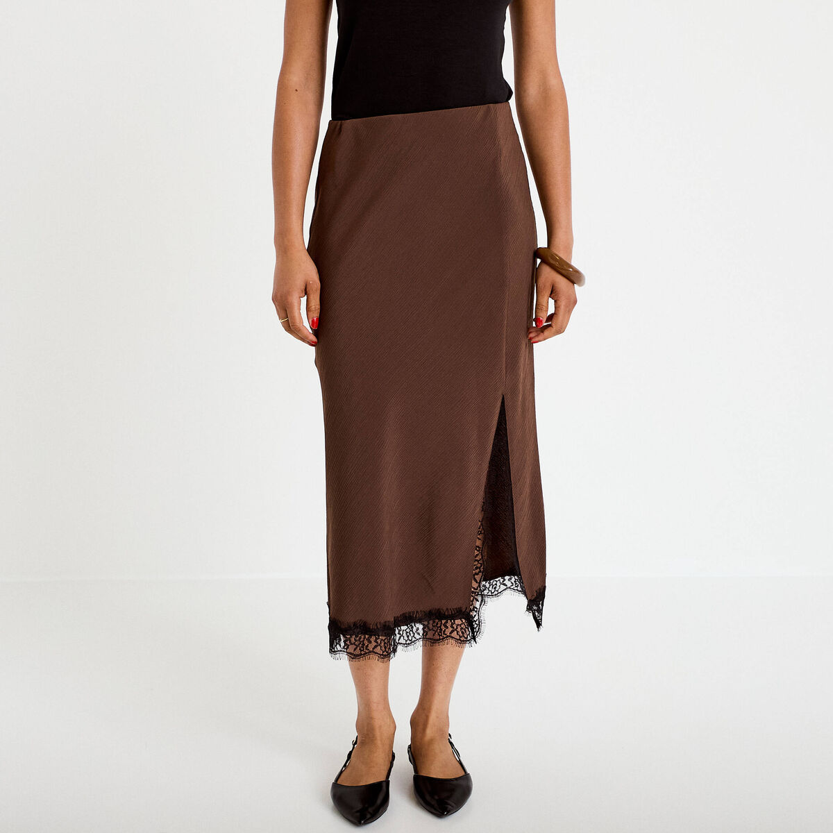 Jupe &eacute;vas&eacute;e 3/4 d&eacute;tail dentelle marron fonc&eacute; femme