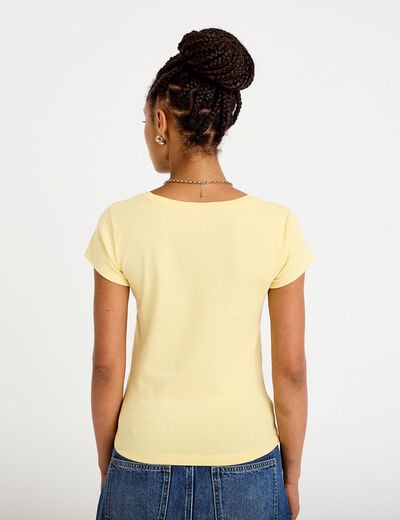 T-shirt ajust&eacute; col v manches courtes jaune clair femme