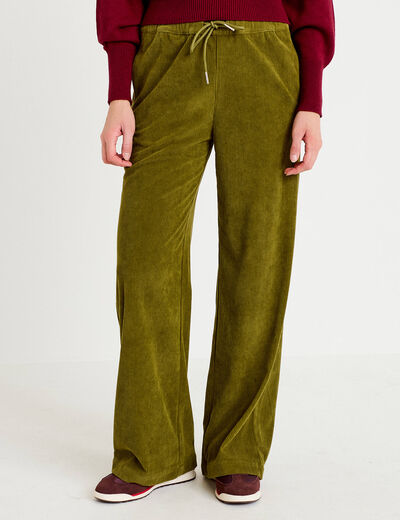 Pantalon jogging taille standard velours vert kaki femme