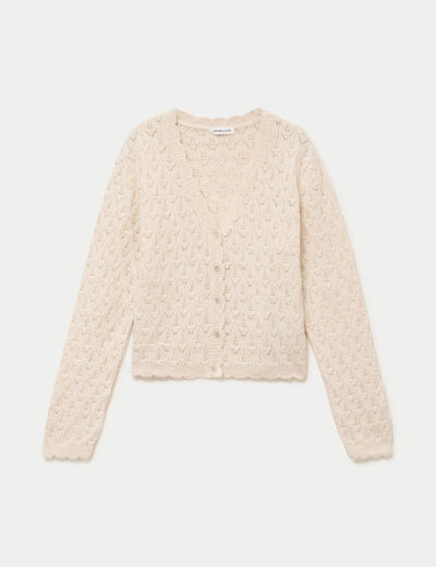 Gilet ajour&eacute; col v manches longues ecru femme
