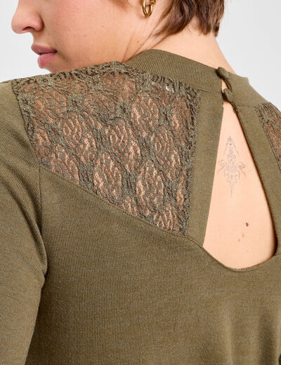 T-shirt manches longues d&eacute;tails ajour&eacute;s vert kaki femme
