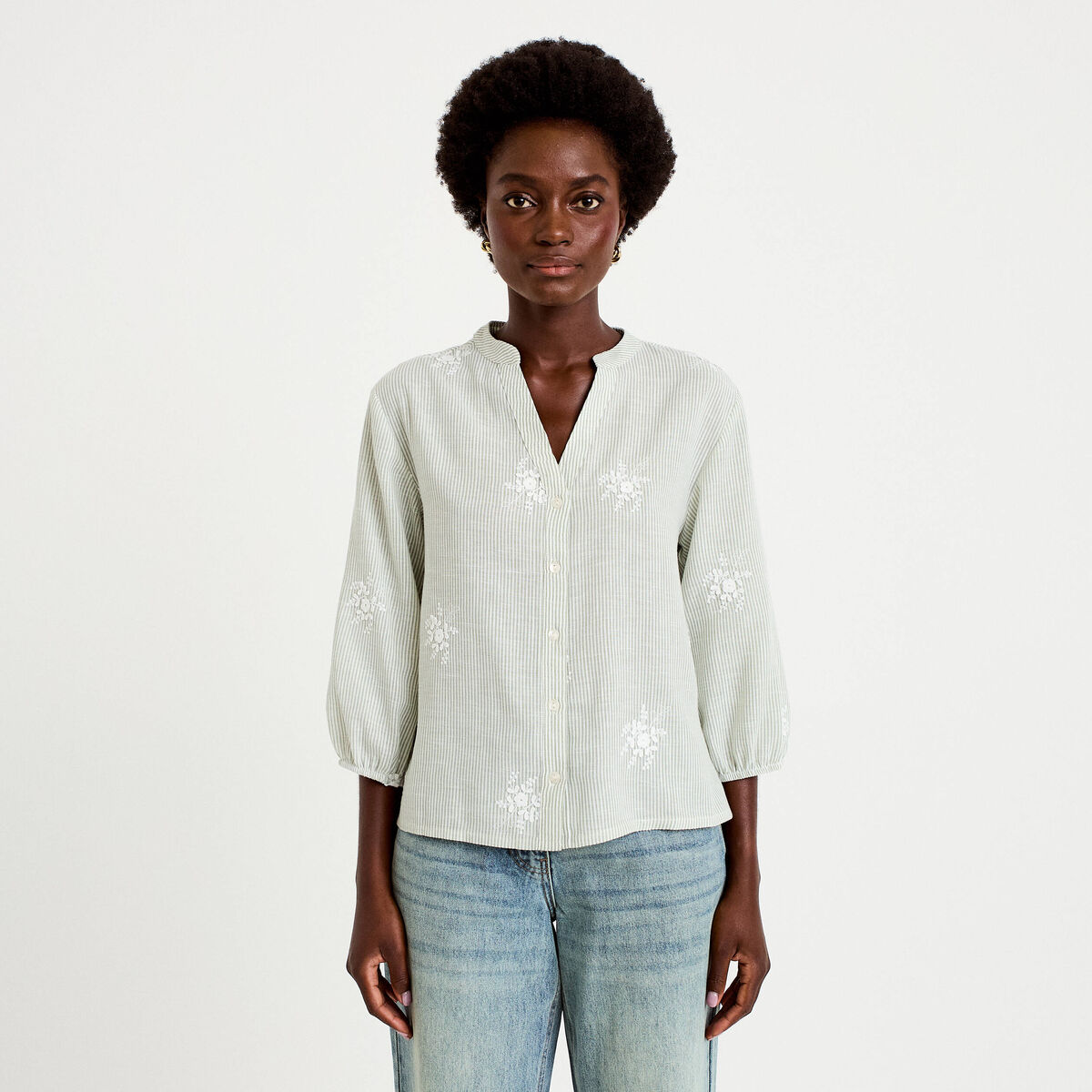 Blouse col tunisien vert kaki femme