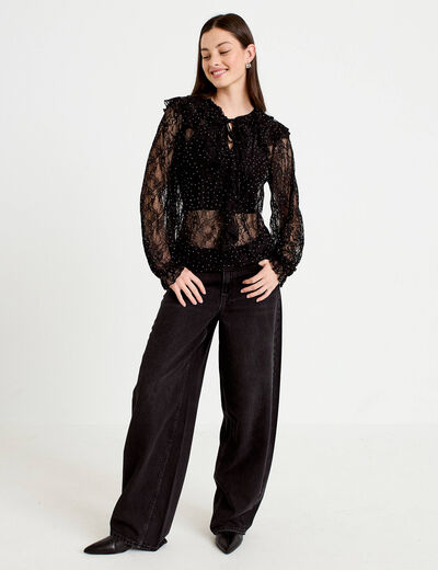 Blouse dentelle manches longues noir femme