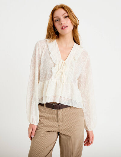 Blouse col v manches longues ecru femme