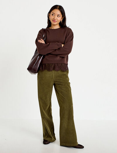 Pantalon jogging taille standard velours vert kaki femme