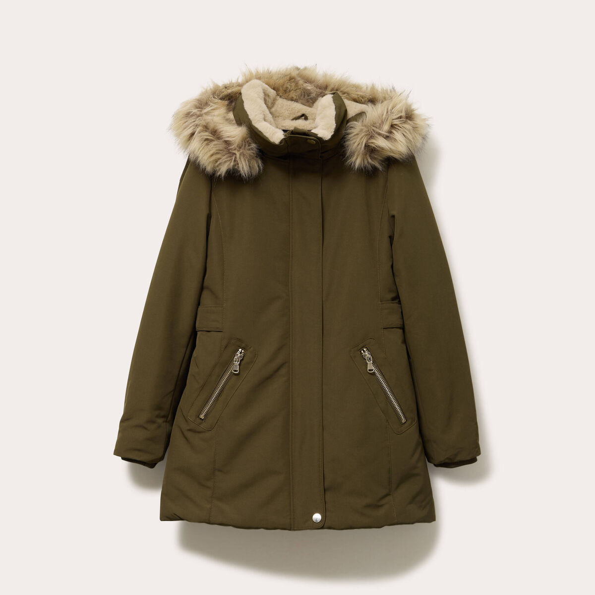 Parka &agrave; capuche fausse fourrure vert kaki femme