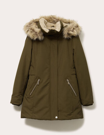 Parka &agrave; capuche fausse fourrure vert kaki femme