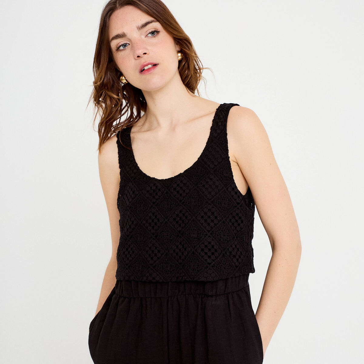 Combinaison bi-mati&egrave;re coupe large noir femme