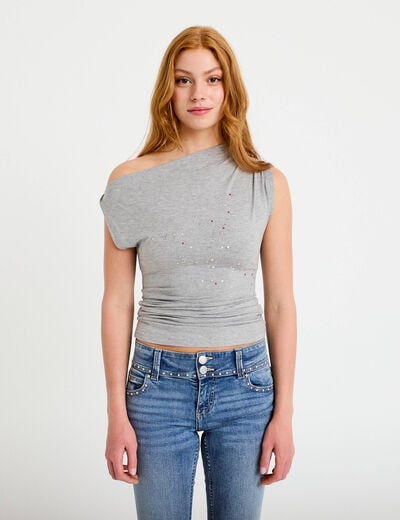 Top ajust&eacute; sans manches col bateau gris clair femme