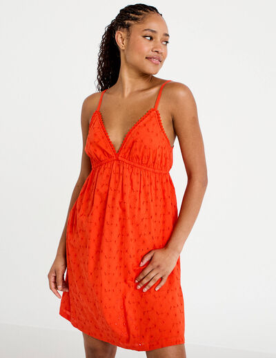 Robe courte &eacute;vas&eacute;e col v bretelles orange fonc&eacute; femme