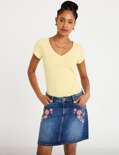 Jupe droite courte en jean denim stone femme