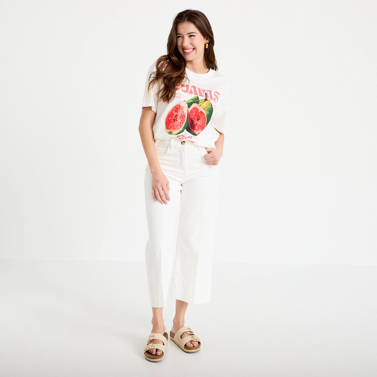 Jean wide leg cropped taille haute denim blanc femme