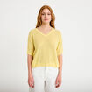 Pull ajour&eacute; col v manches courtes jaune pastel femme