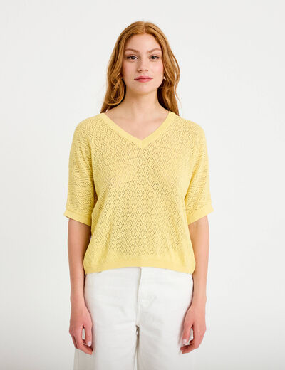 Pull ajour&eacute; col v manches courtes jaune pastel femme