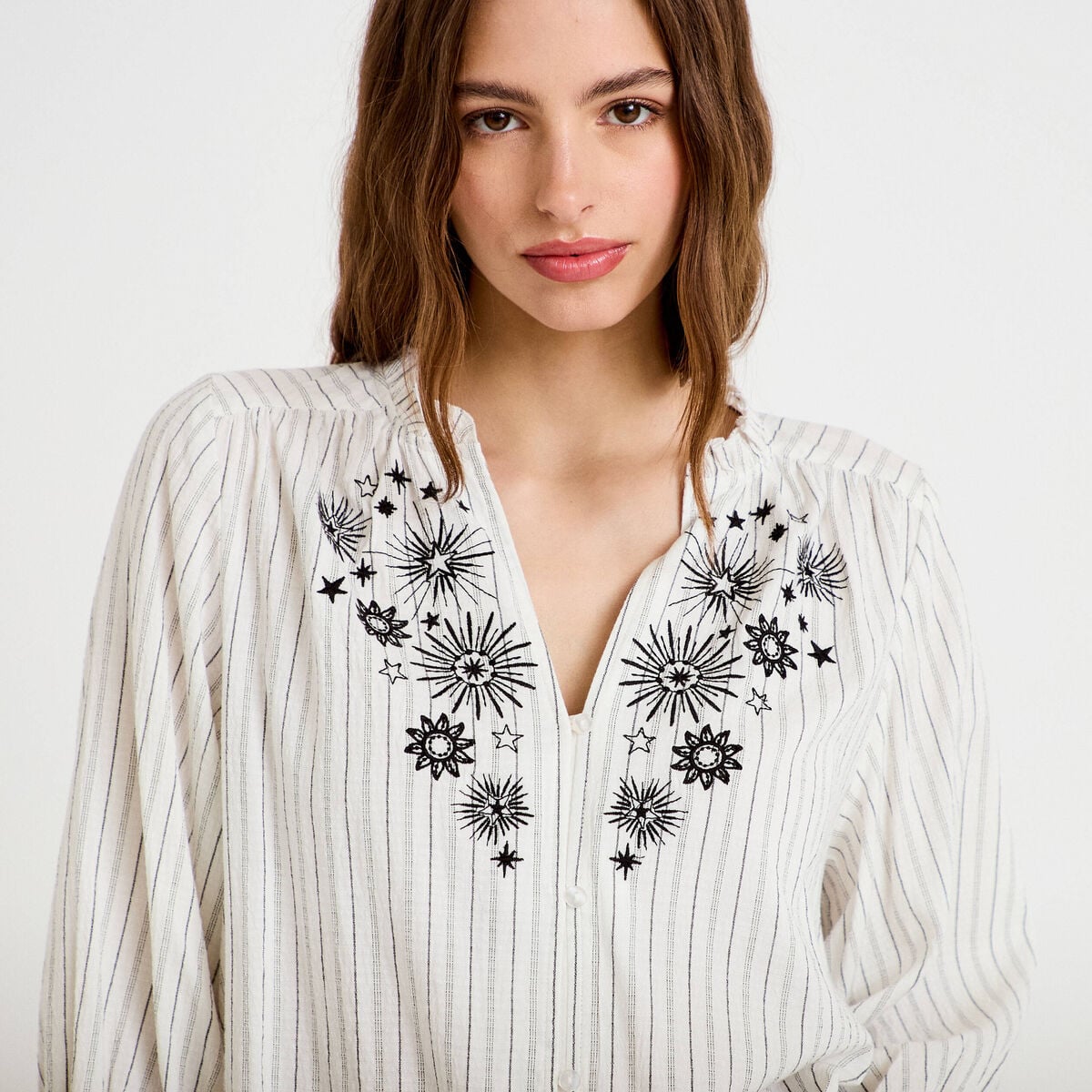 Blouse ample broderie manches 3/4 blanc femme