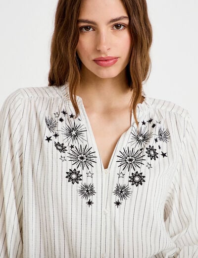 Blouse ample broderie manches 3/4 blanc femme