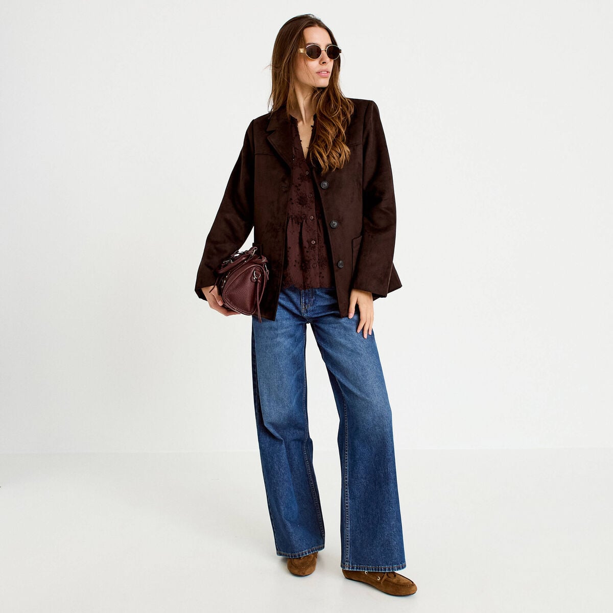 Blouse &agrave; motif en relief marron fonc&eacute; femme