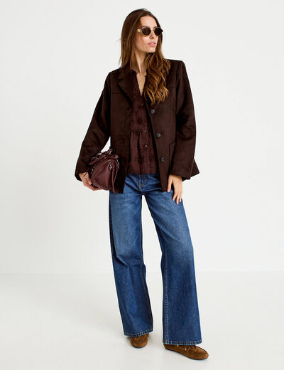 Blouse &agrave; motif en relief marron fonc&eacute; femme
