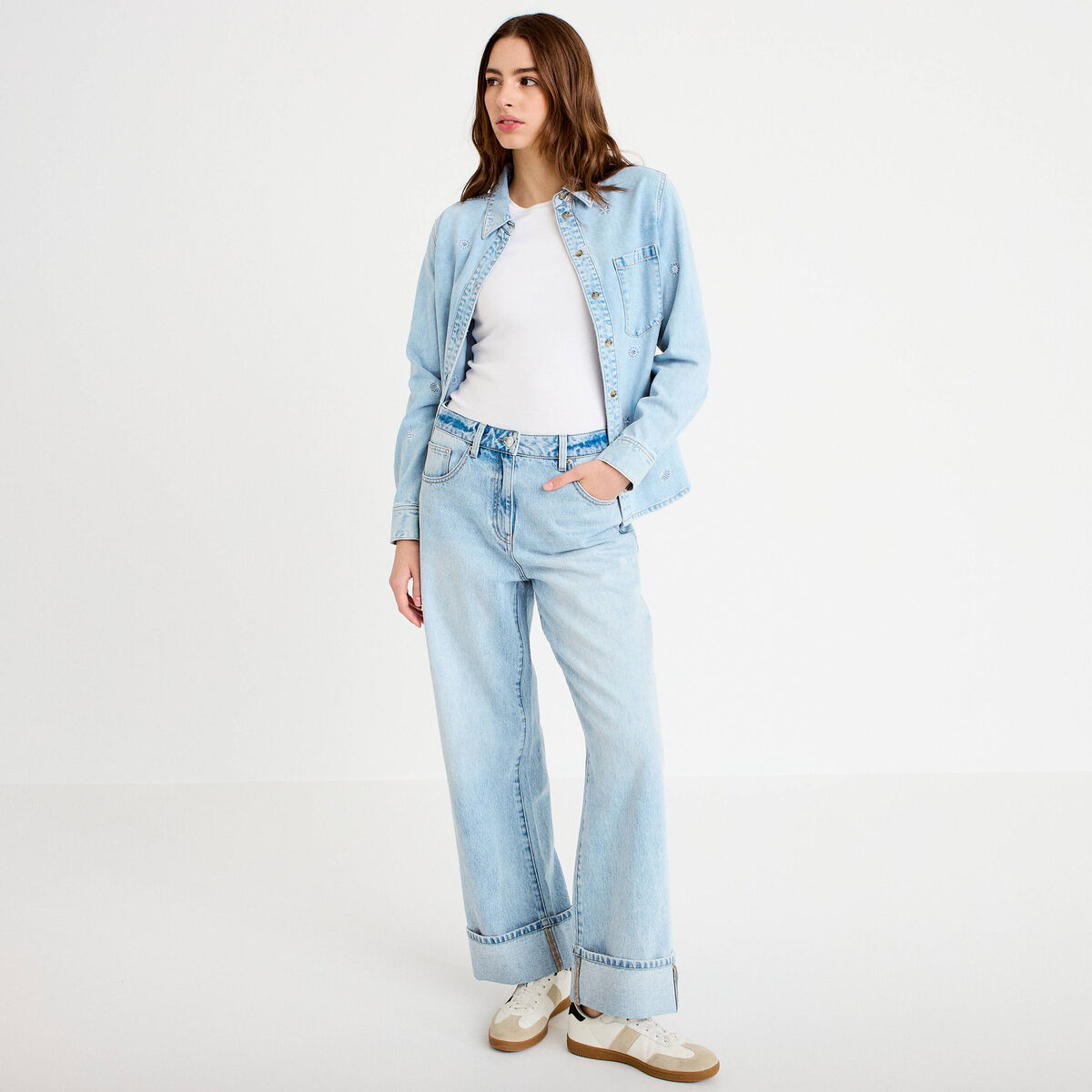 Chemise droite courte manches longues bleu femme