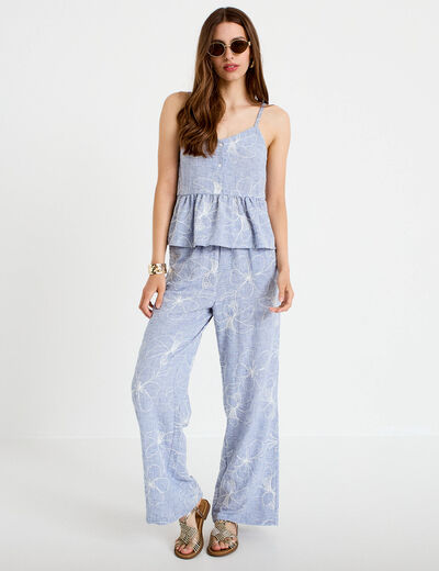Top col v bretelles fines chin&eacute; bleu clair femme