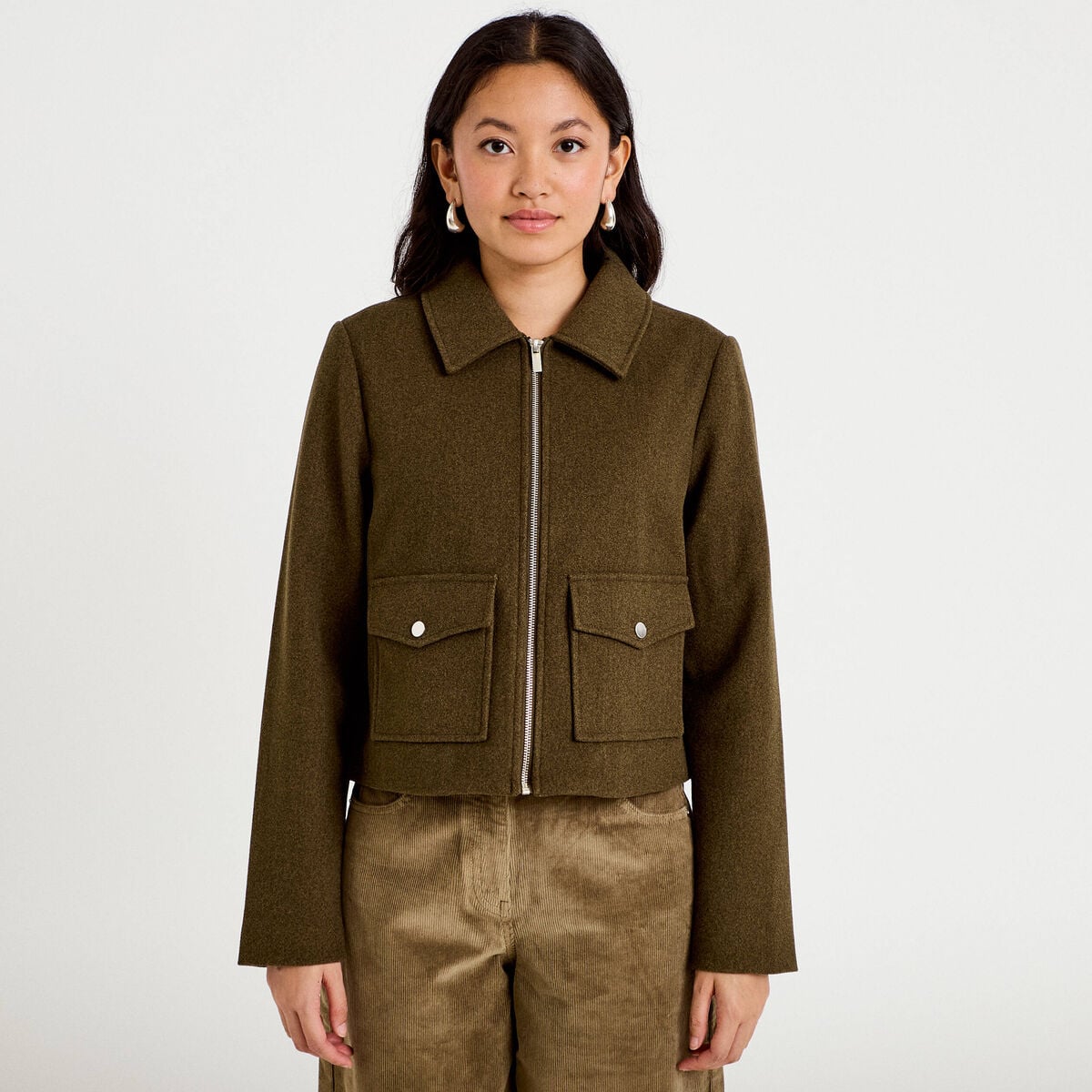 Veste zipp&eacute;e vert kaki femme