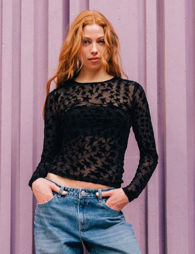 T-shirt ajust&eacute; manches longues noir femme