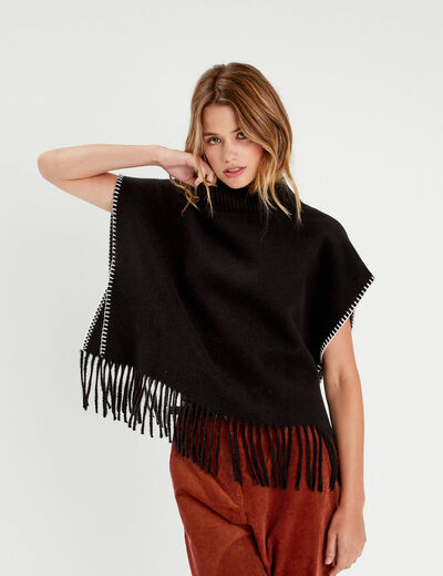 Poncho avec franges noir femme