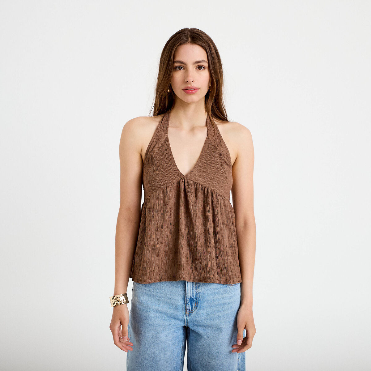 Top d&eacute;collet&eacute; sans manches pliss&eacute; marron fonc&eacute; femme