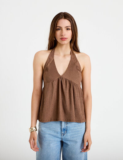 Top d&eacute;collet&eacute; sans manches pliss&eacute; marron fonc&eacute; femme