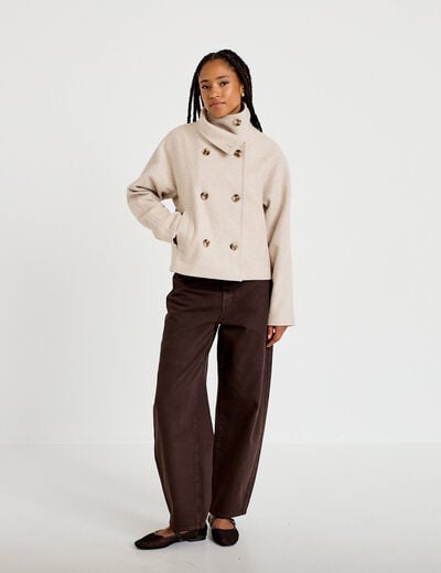 Veste chin&eacute;e col montant manches longues beige femme