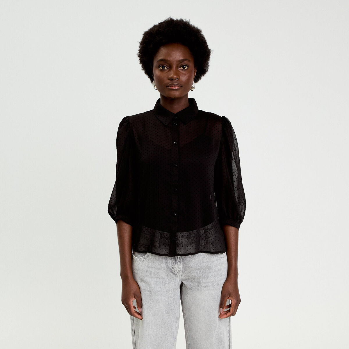 Chemise droite courte voile manches 3/4 noir femme