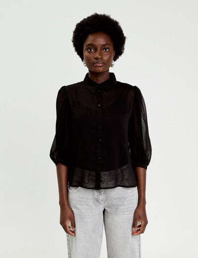 Chemise droite courte voile manches 3/4 noir femme