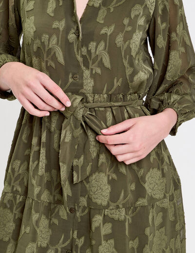 Robe chemise &eacute;vas&eacute;e ceintur&eacute;e vert kaki femme
