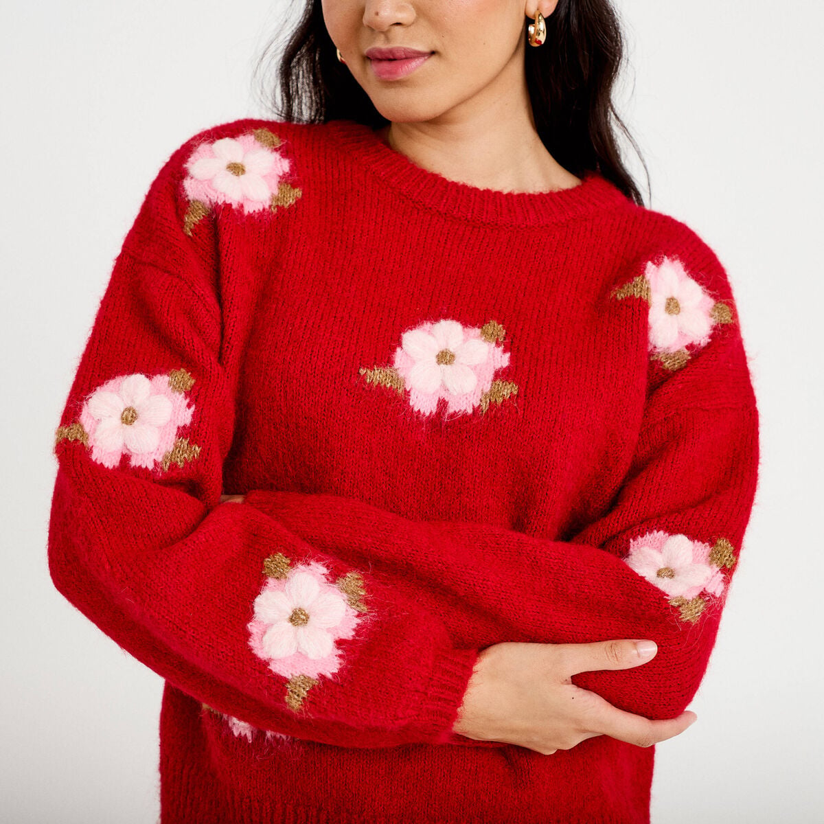 Pull ample col rond manches longues rouge femme