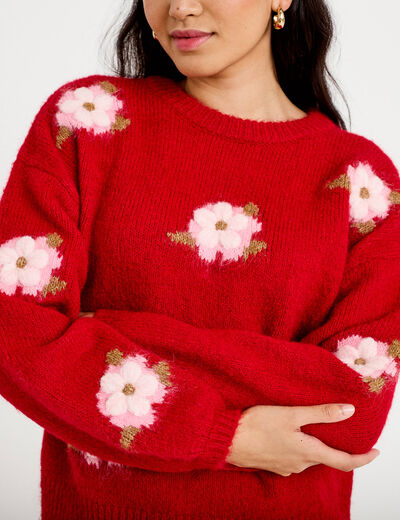 Pull ample col rond manches longues rouge femme