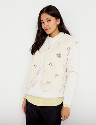 Gilet sans manches effet polaire col v ecru femme