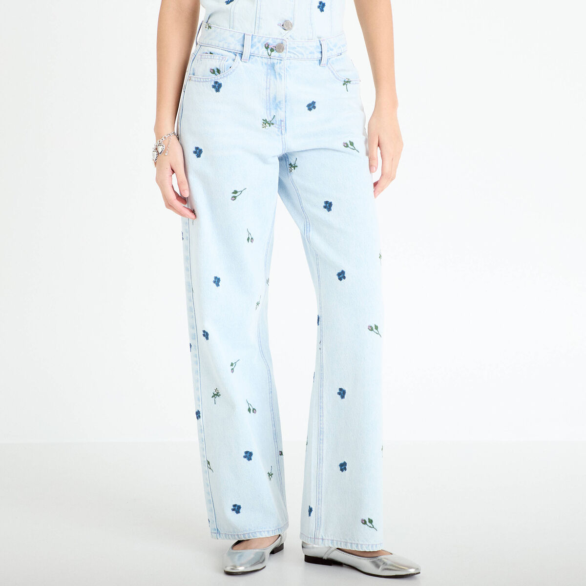 Jean wide leg brod&eacute; Bridgerton bleu clair femme
