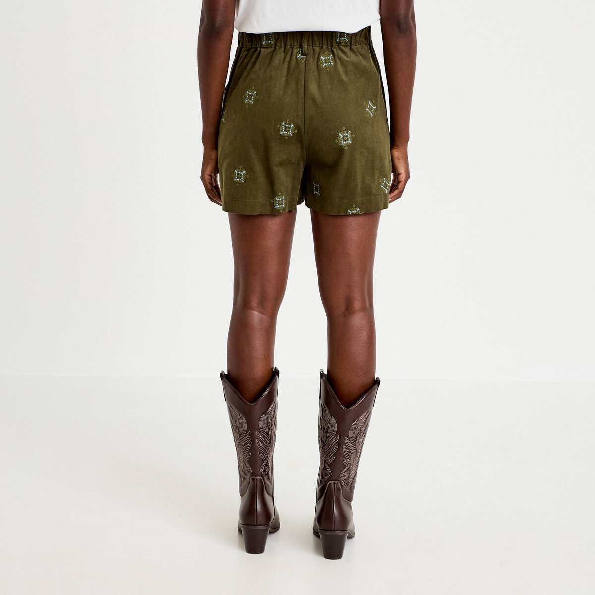 Short taille haute en velours brod&eacute; vert kaki femme