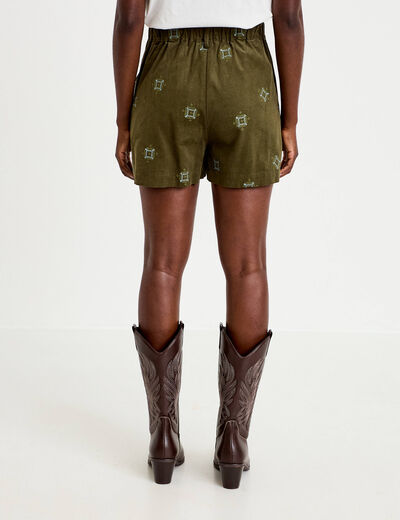 Short taille haute en velours brod&eacute; vert kaki femme